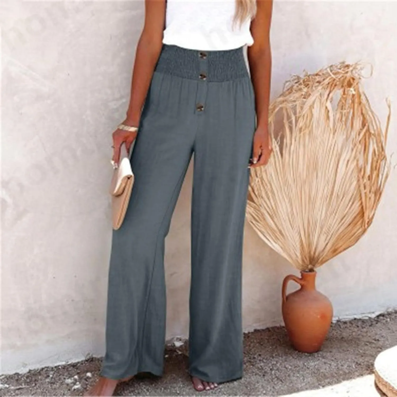 YRAETENM Women Linen Palazzo Pants Summer High Elastic Waisted Wide Leg Pants Casual Lounge Pants Beach Vacation Trousers