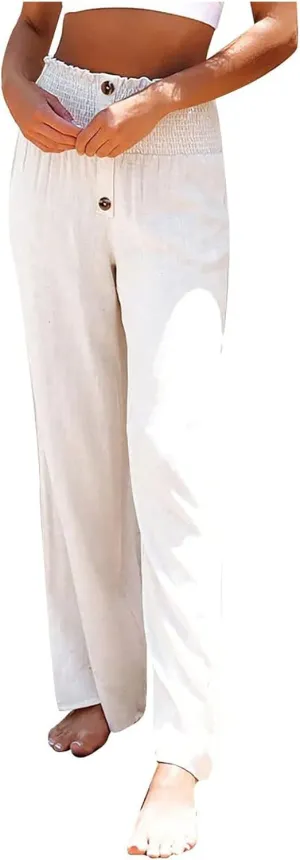 YRAETENM Women Linen Palazzo Pants Summer High Elastic Waisted Wide Leg Pants Casual Lounge Pants Beach Vacation Trousers