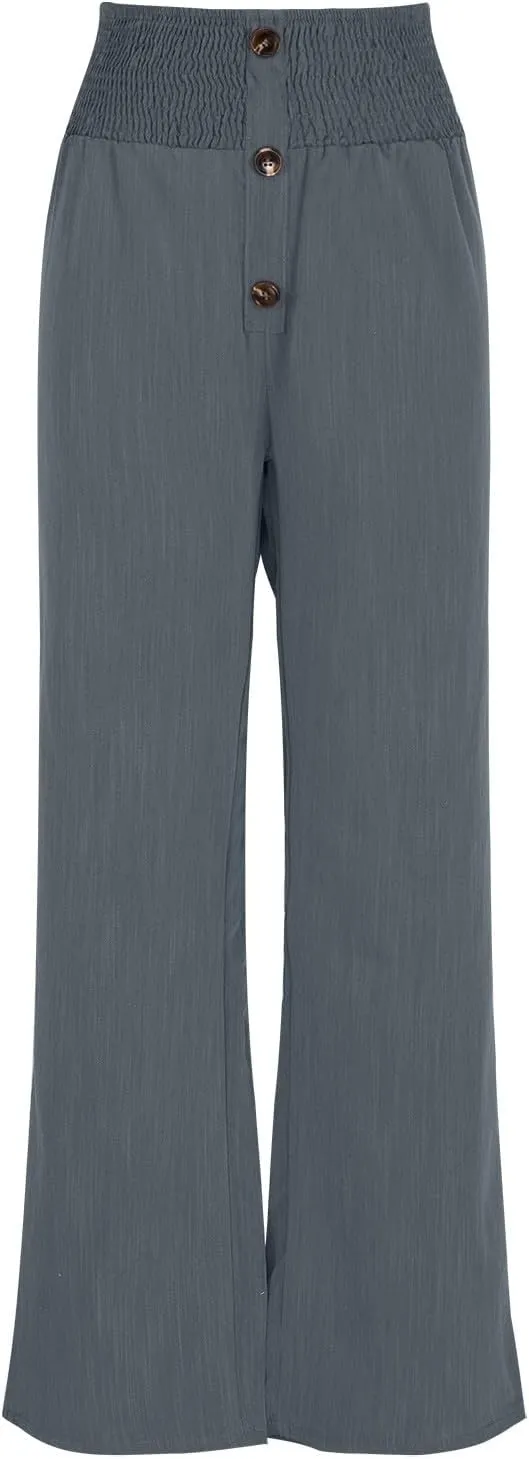 YRAETENM Women Linen Palazzo Pants Summer High Elastic Waisted Wide Leg Pants Casual Lounge Pants Beach Vacation Trousers