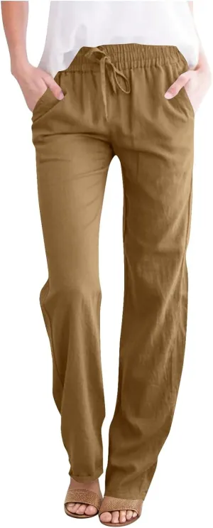 YRAETENM Womens Casual Linen High Waist Pants Drawstring Loose Fit Summer Beach Pants Lounge Trousers with Side Pockets