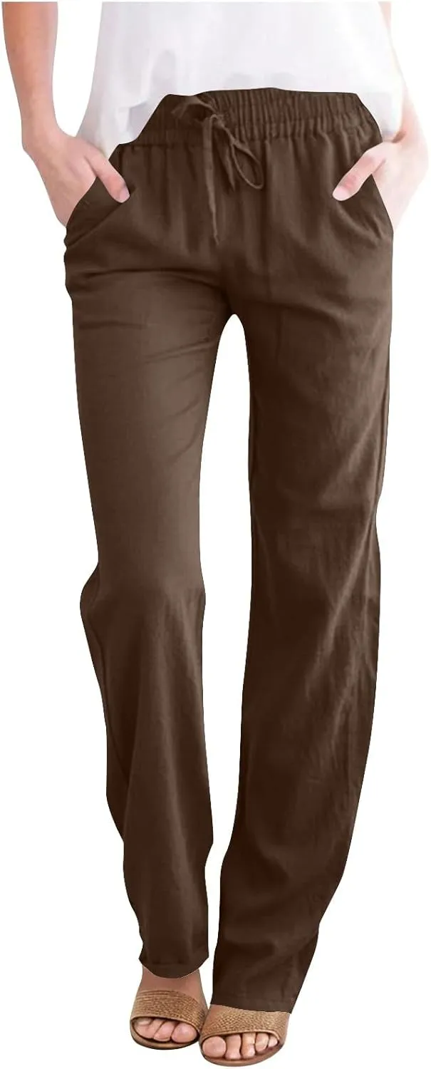 YRAETENM Womens Casual Linen High Waist Pants Drawstring Loose Fit Summer Beach Pants Lounge Trousers with Side Pockets