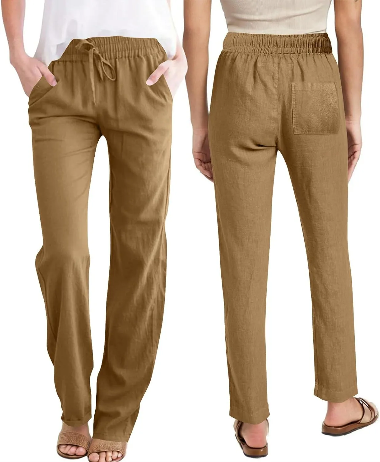 YRAETENM Womens Casual Linen High Waist Pants Drawstring Loose Fit Summer Beach Pants Lounge Trousers with Side Pockets
