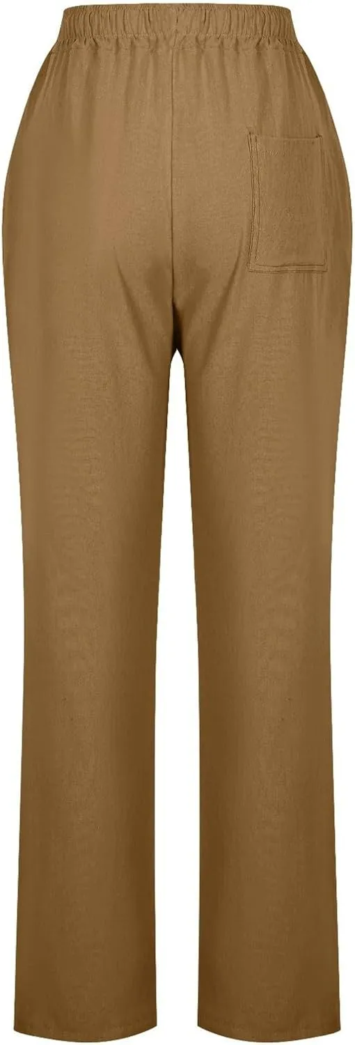YRAETENM Womens Casual Linen High Waist Pants Drawstring Loose Fit Summer Beach Pants Lounge Trousers with Side Pockets