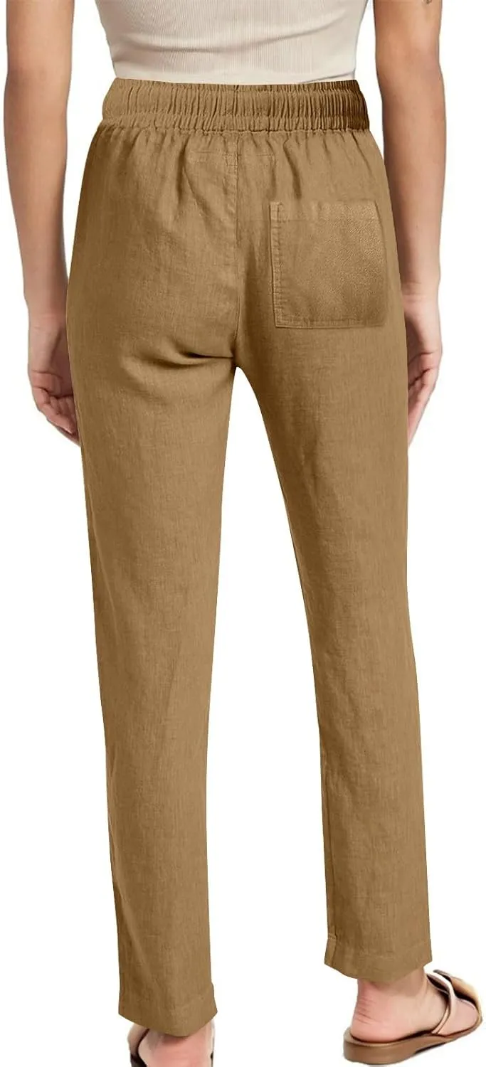 YRAETENM Womens Casual Linen High Waist Pants Drawstring Loose Fit Summer Beach Pants Lounge Trousers with Side Pockets