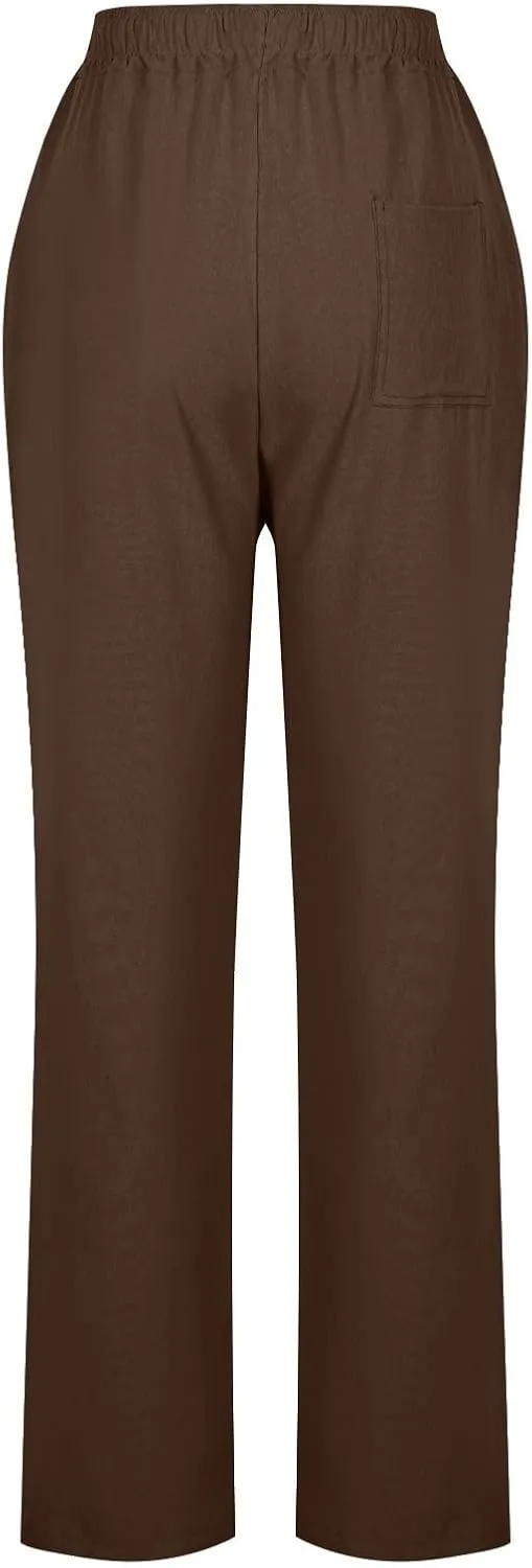 YRAETENM Womens Casual Linen High Waist Pants Drawstring Loose Fit Summer Beach Pants Lounge Trousers with Side Pockets