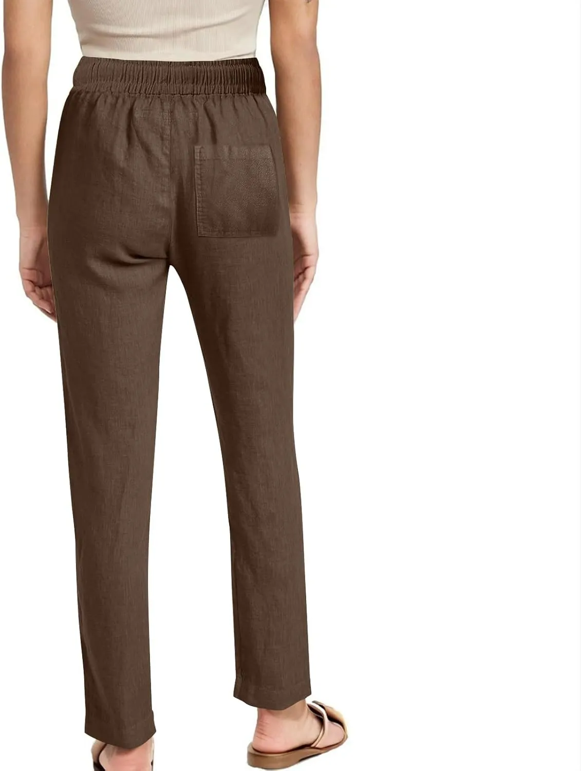 YRAETENM Womens Casual Linen High Waist Pants Drawstring Loose Fit Summer Beach Pants Lounge Trousers with Side Pockets