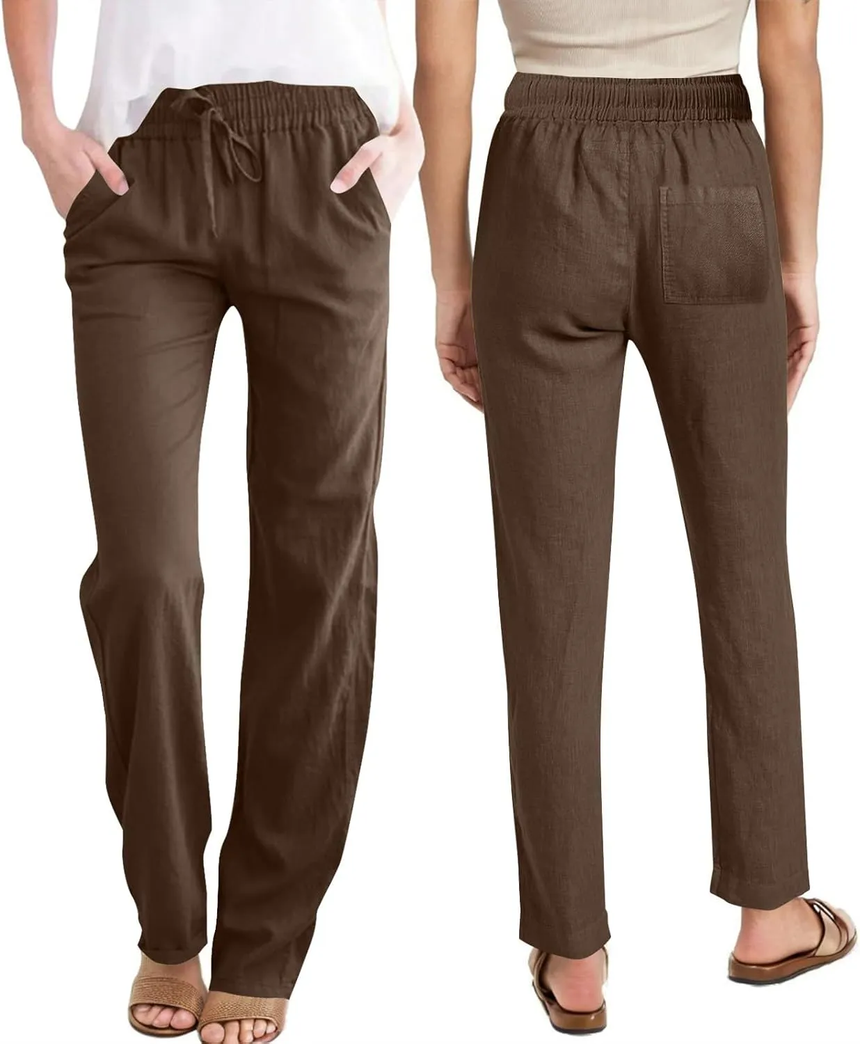 YRAETENM Womens Casual Linen High Waist Pants Drawstring Loose Fit Summer Beach Pants Lounge Trousers with Side Pockets