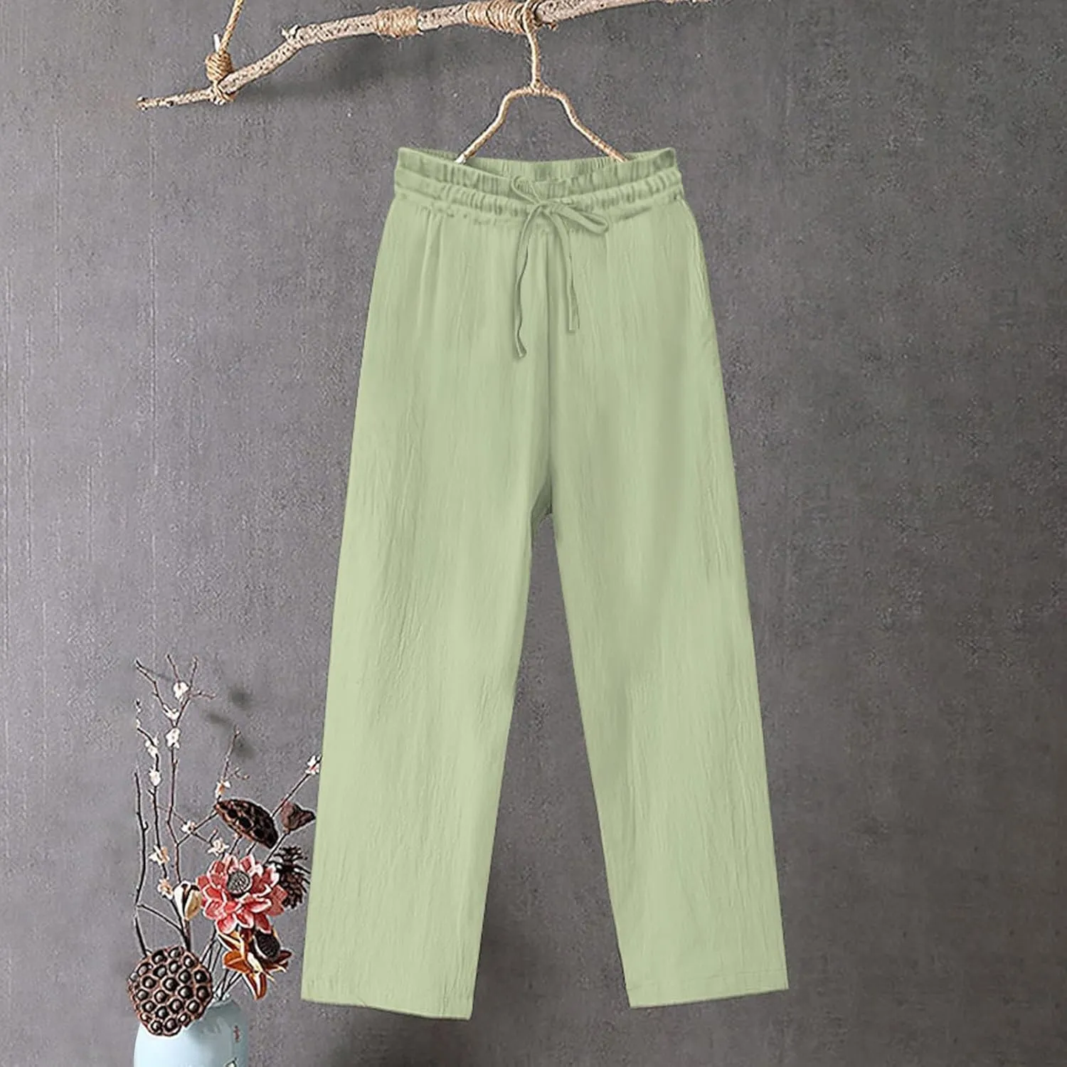 YRAETENM Women's Cotton Linen Straight Leg Pants Elastic Waist Long Trousers Casual Summer Beach Lounge Pants with Pockets