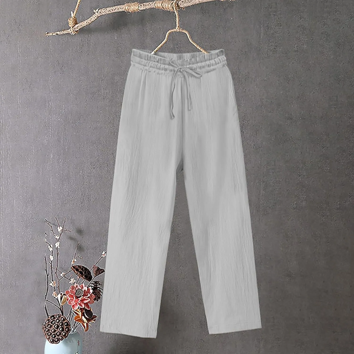 YRAETENM Women's Cotton Linen Straight Leg Pants Elastic Waist Long Trousers Casual Summer Beach Lounge Pants with Pockets