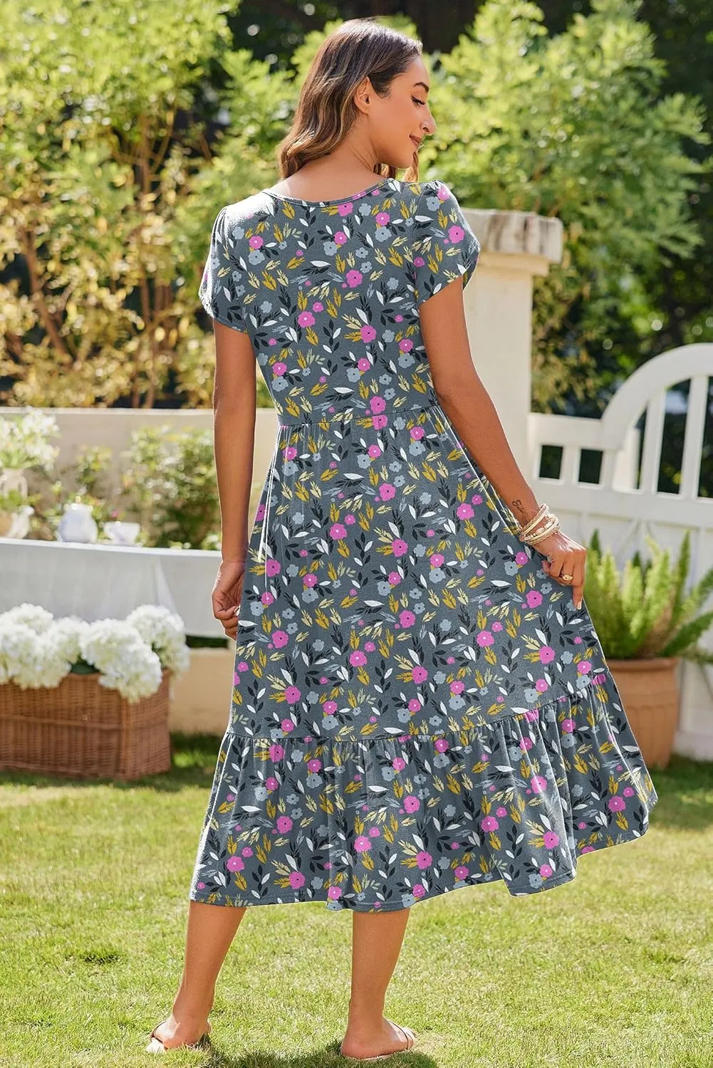 Zeagoo Women Summer Midi A Line Dress Short Sleeve Casual Flowy Tiered Beach Long Sundress with Pockets 2025 Vacation Travel