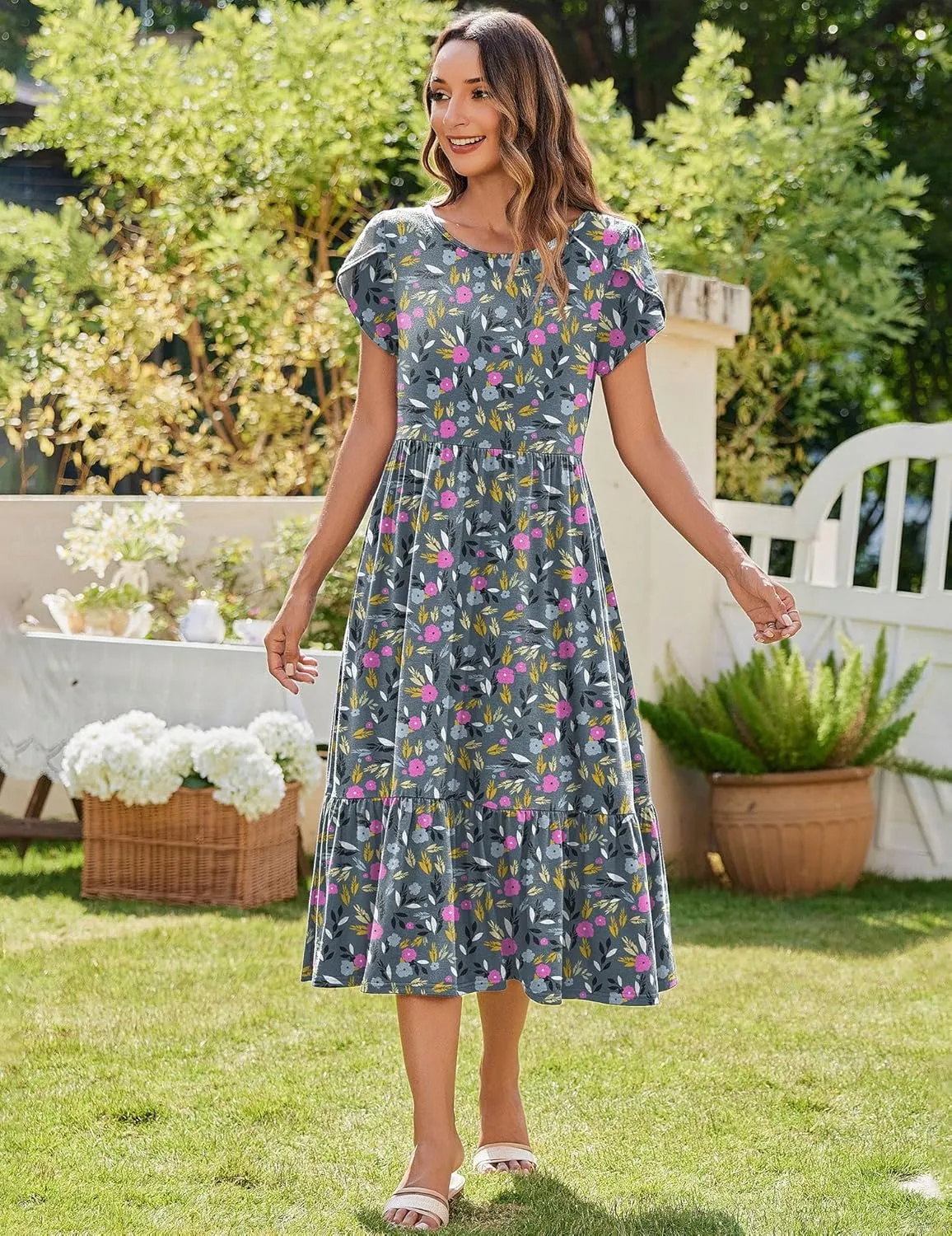 Zeagoo Women Summer Midi A Line Dress Short Sleeve Casual Flowy Tiered Beach Long Sundress with Pockets 2025 Vacation Travel
