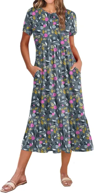 Zeagoo Women Summer Midi A Line Dress Short Sleeve Casual Flowy Tiered Beach Long Sundress with Pockets 2025 Vacation Travel
