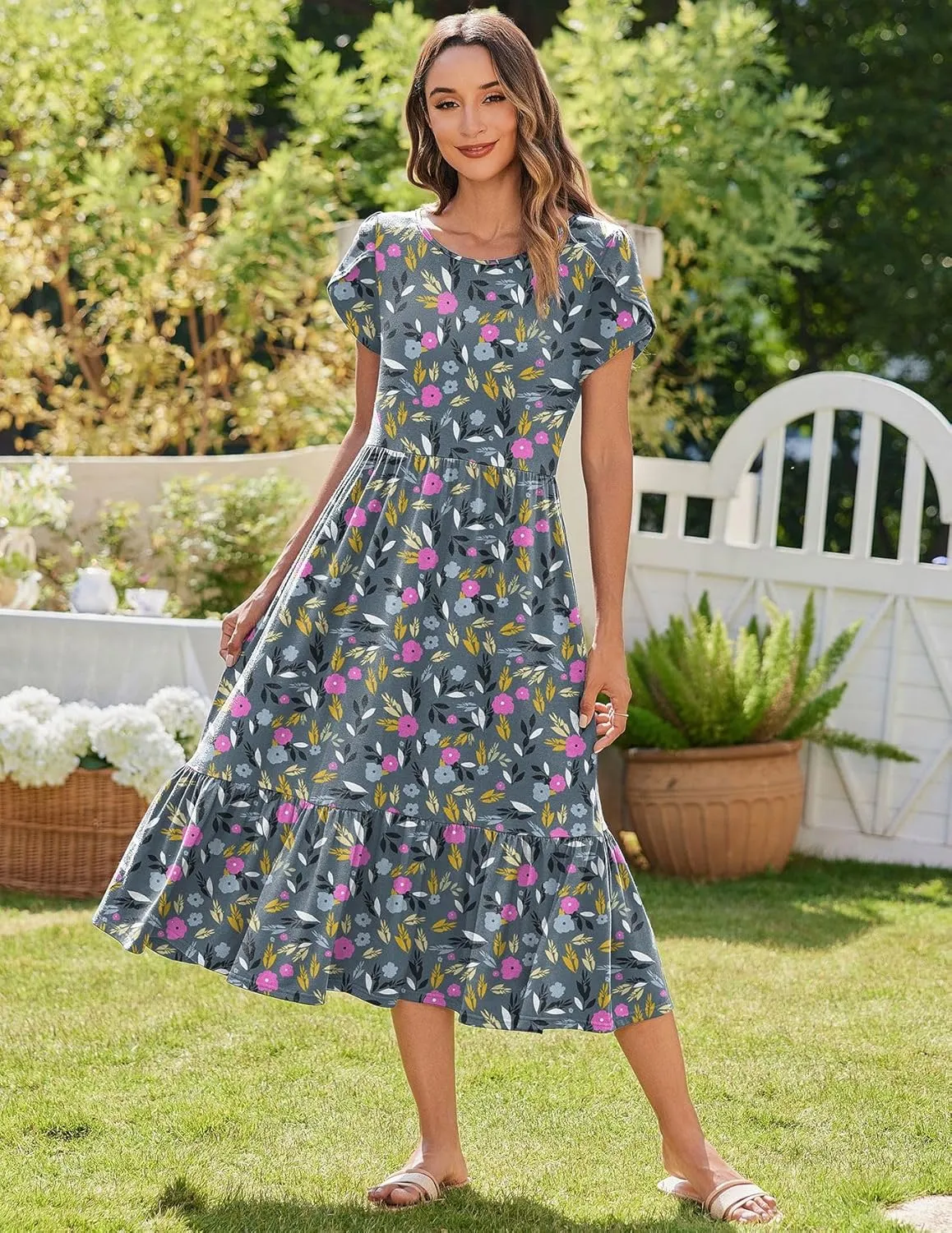 Zeagoo Women Summer Midi A Line Dress Short Sleeve Casual Flowy Tiered Beach Long Sundress with Pockets 2025 Vacation Travel