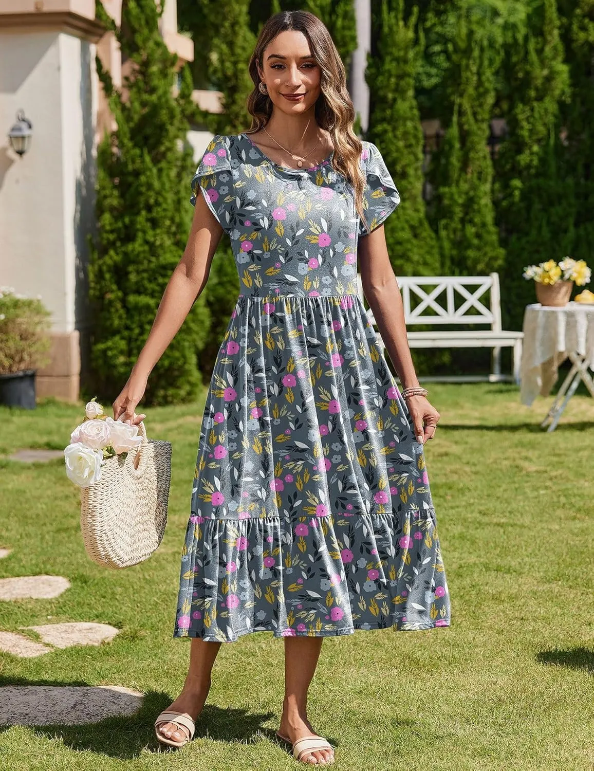 Zeagoo Women Summer Midi A Line Dress Short Sleeve Casual Flowy Tiered Beach Long Sundress with Pockets 2025 Vacation Travel