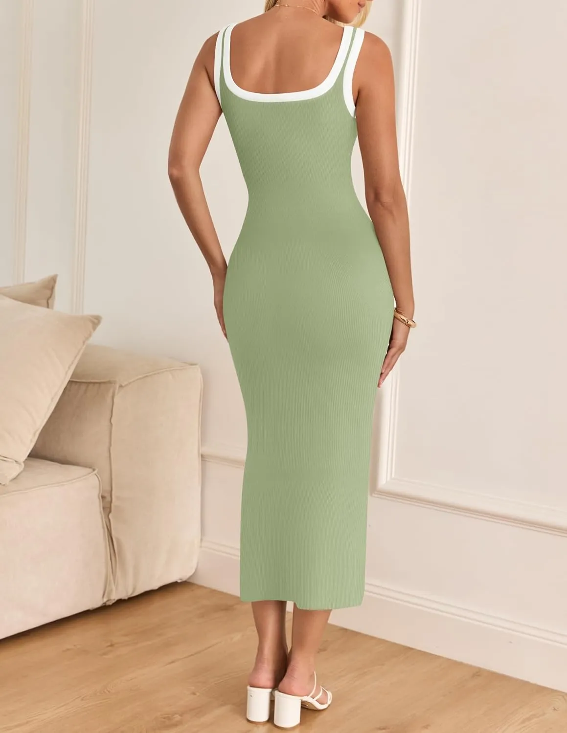 ZESICA Women's 2025 Summer Bodycon Midi Dress Casual Sleeveless Square Neck Side Slit Knit Vacation Long Dresses