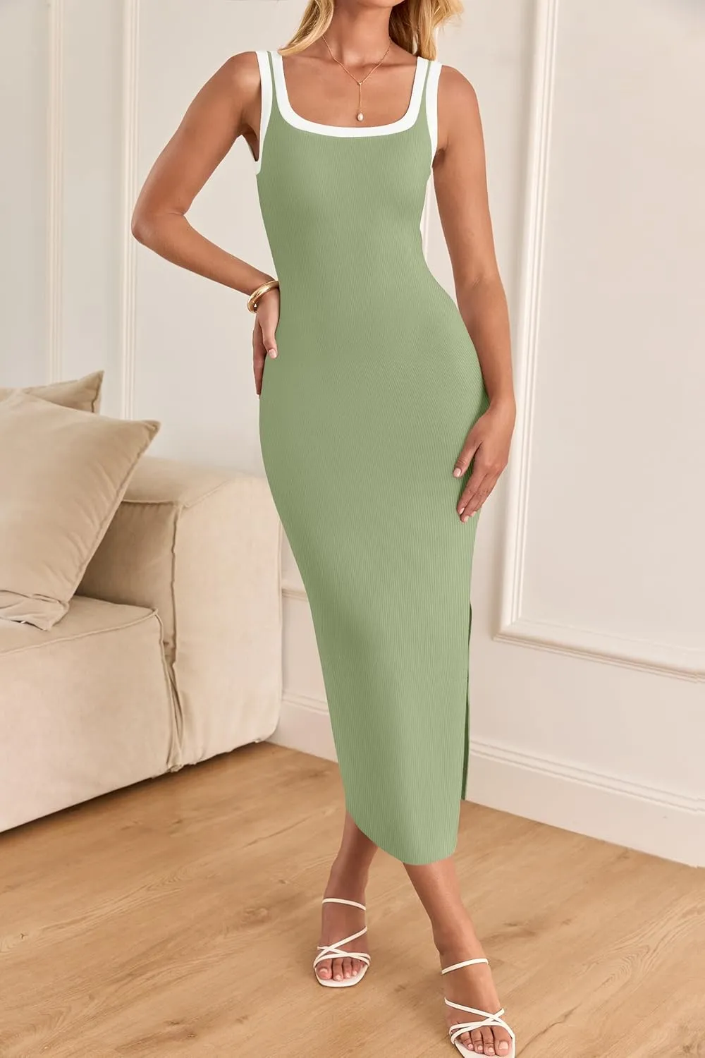 ZESICA Women's 2025 Summer Bodycon Midi Dress Casual Sleeveless Square Neck Side Slit Knit Vacation Long Dresses