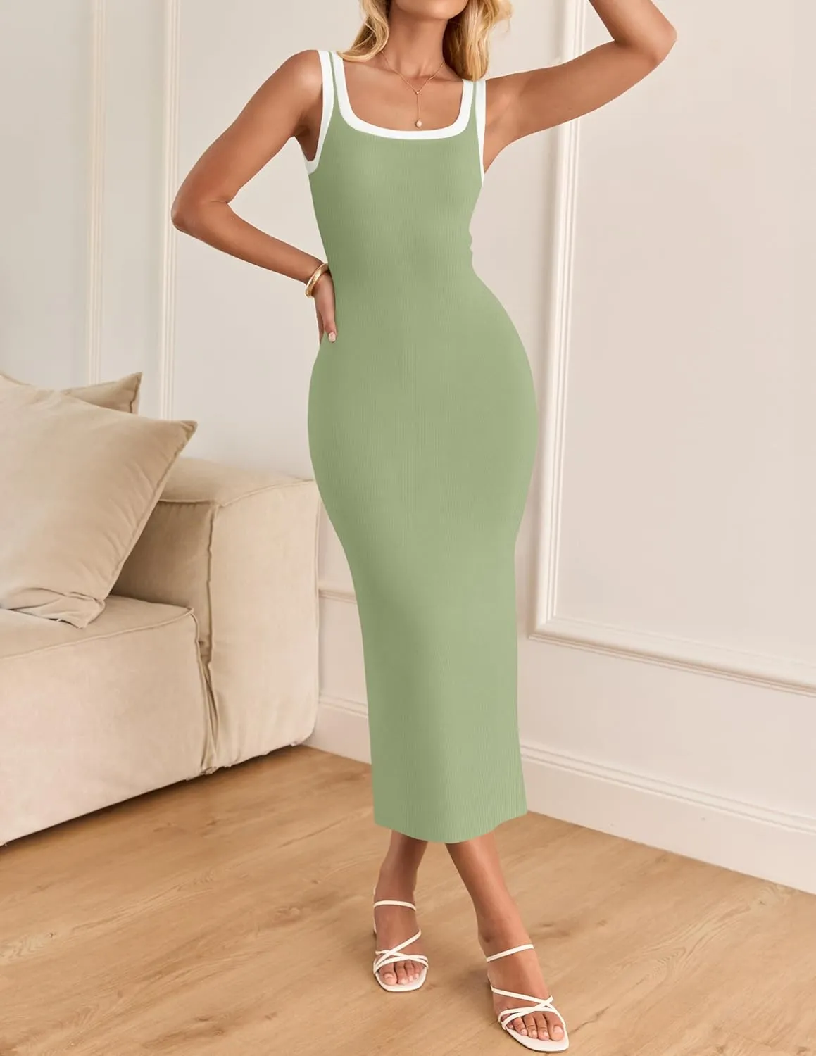 ZESICA Women's 2025 Summer Bodycon Midi Dress Casual Sleeveless Square Neck Side Slit Knit Vacation Long Dresses
