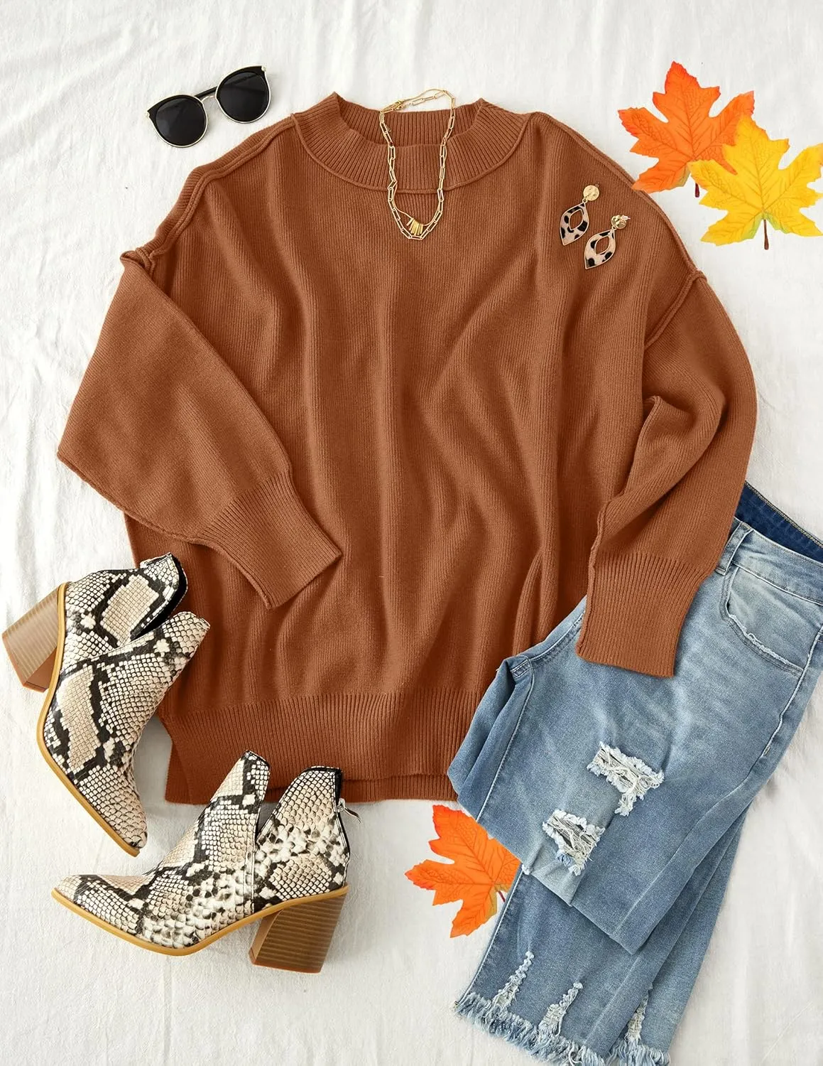 ZESICA Women's Fall Casual Long Sleeve Crew Neck Side Slit Oversized Ribbed Knit Pullover Sweater Tops