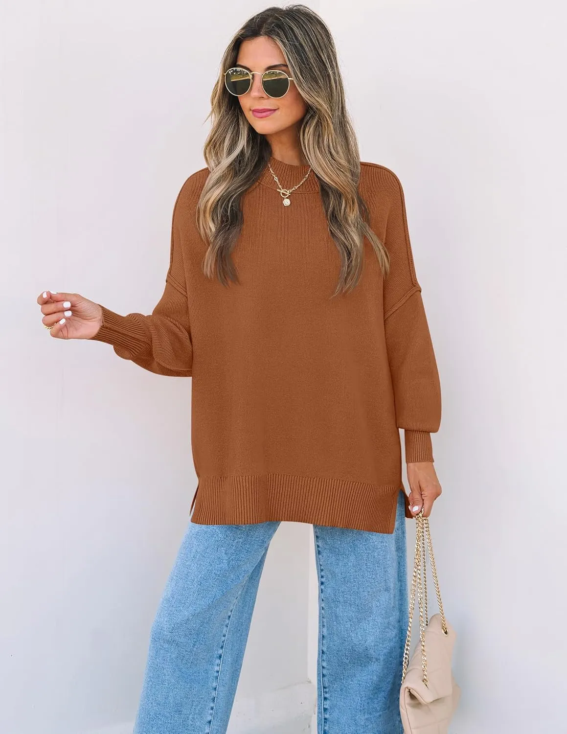 ZESICA Women's Fall Casual Long Sleeve Crew Neck Side Slit Oversized Ribbed Knit Pullover Sweater Tops