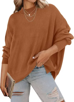 ZESICA Women's Fall Casual Long Sleeve Crew Neck Side Slit Oversized Ribbed Knit Pullover Sweater Tops