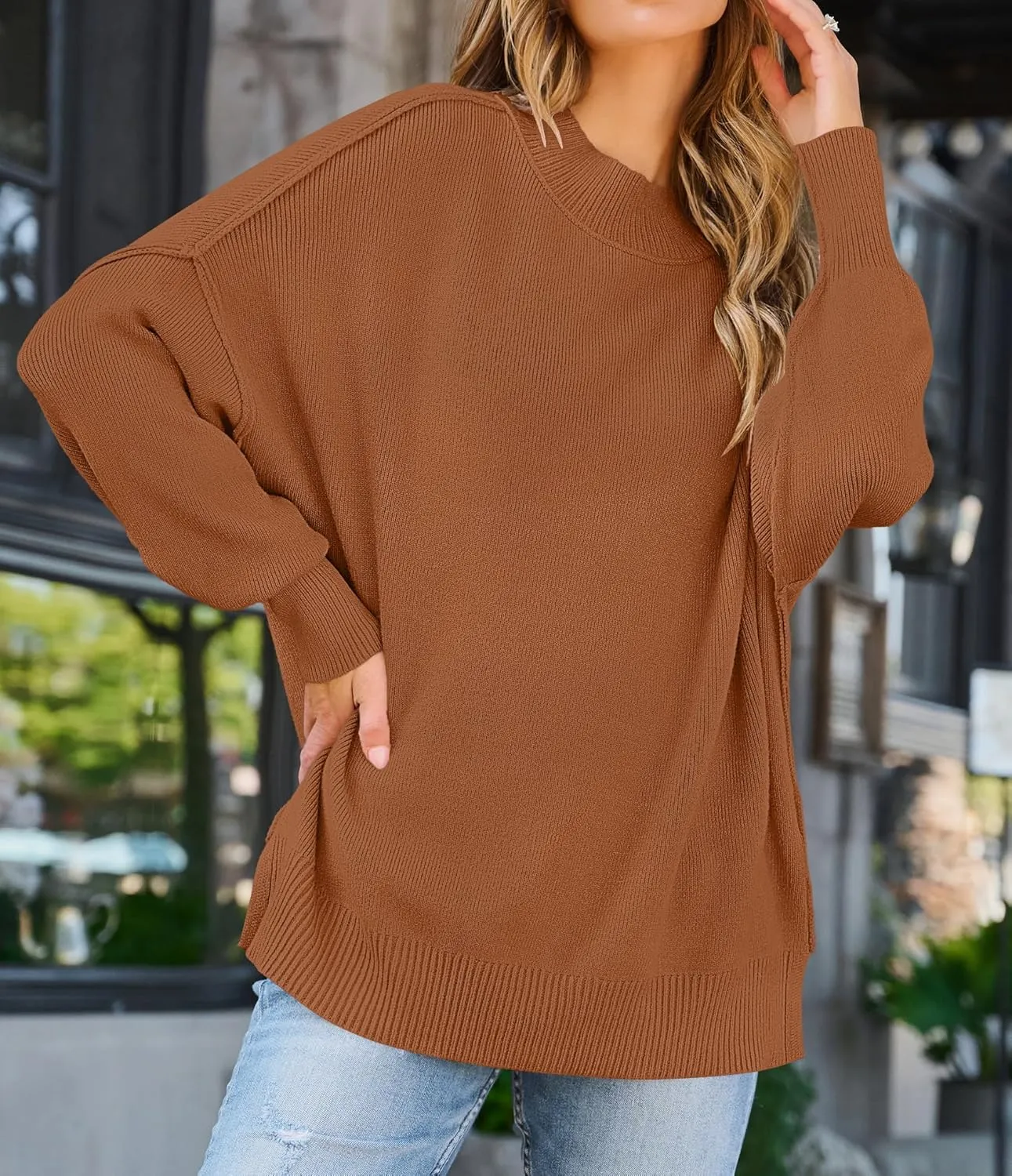 ZESICA Women's Fall Casual Long Sleeve Crew Neck Side Slit Oversized Ribbed Knit Pullover Sweater Tops