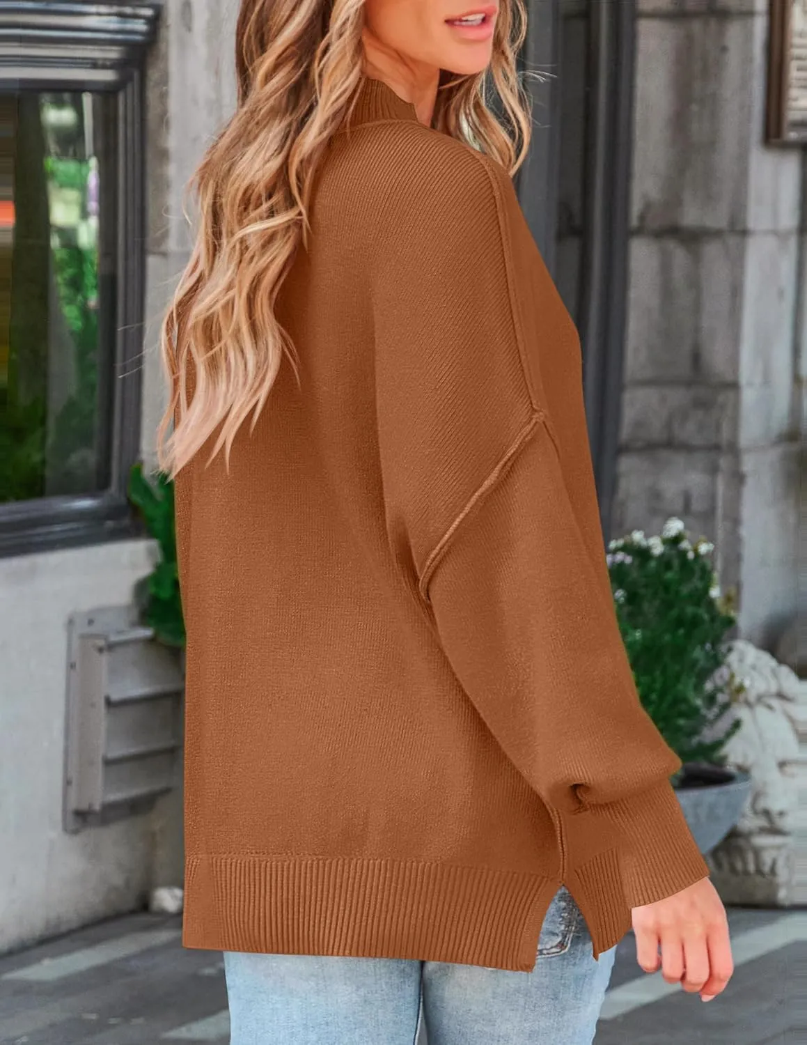 ZESICA Women's Fall Casual Long Sleeve Crew Neck Side Slit Oversized Ribbed Knit Pullover Sweater Tops