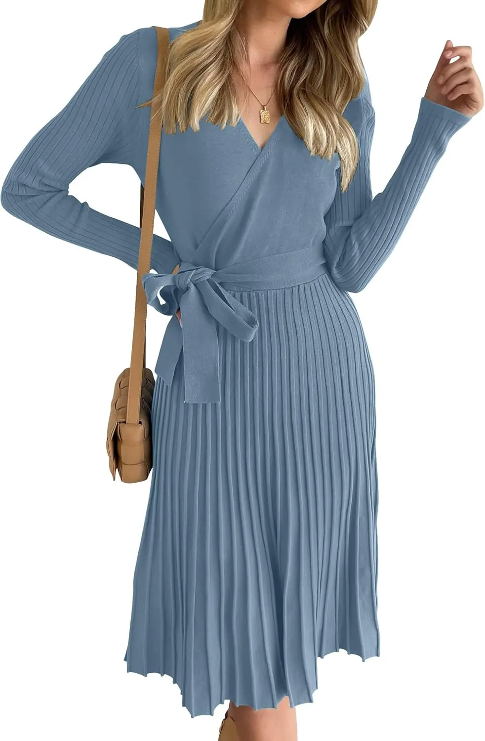 ZESICA Women's Fall Long Sleeve Wrap V Neck Ribbed Knit Pleated A Line Pullover Sweater Dress with Belt
