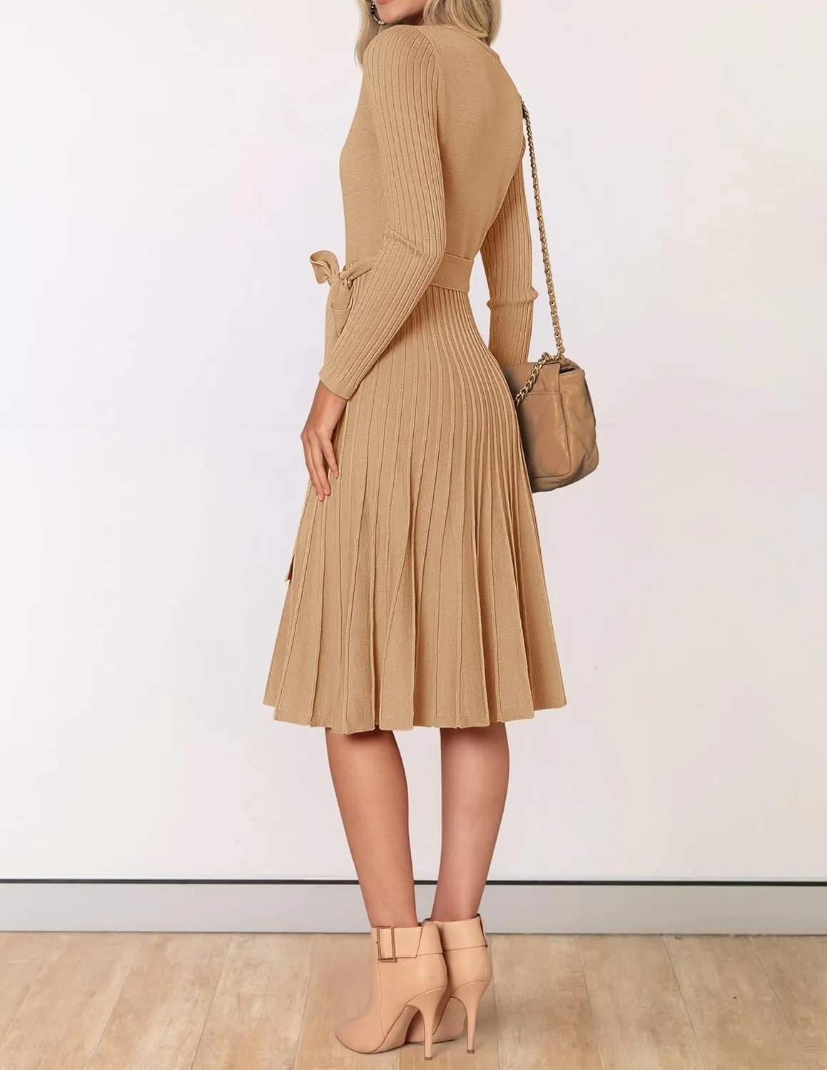 ZESICA Women's Fall Long Sleeve Wrap V Neck Ribbed Knit Pleated A Line Pullover Sweater Dress with Belt