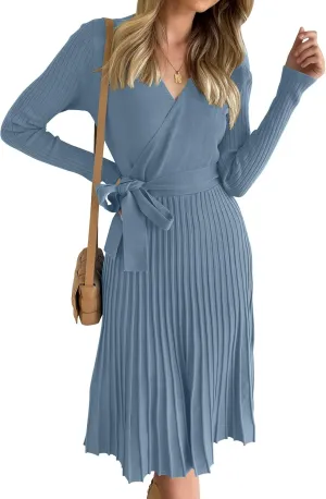 ZESICA Women's Fall Long Sleeve Wrap V Neck Ribbed Knit Pleated A Line Pullover Sweater Dress with Belt