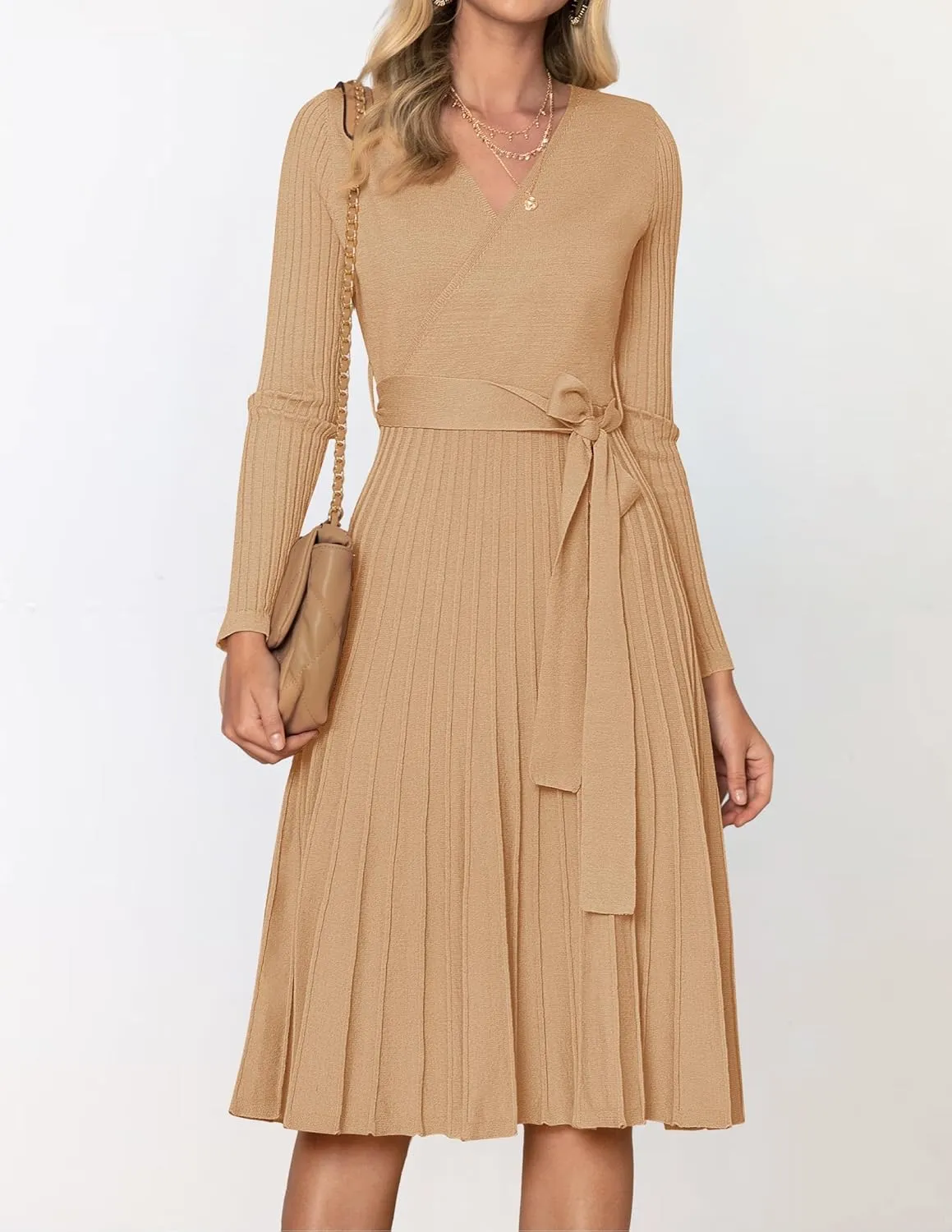 ZESICA Women's Fall Long Sleeve Wrap V Neck Ribbed Knit Pleated A Line Pullover Sweater Dress with Belt