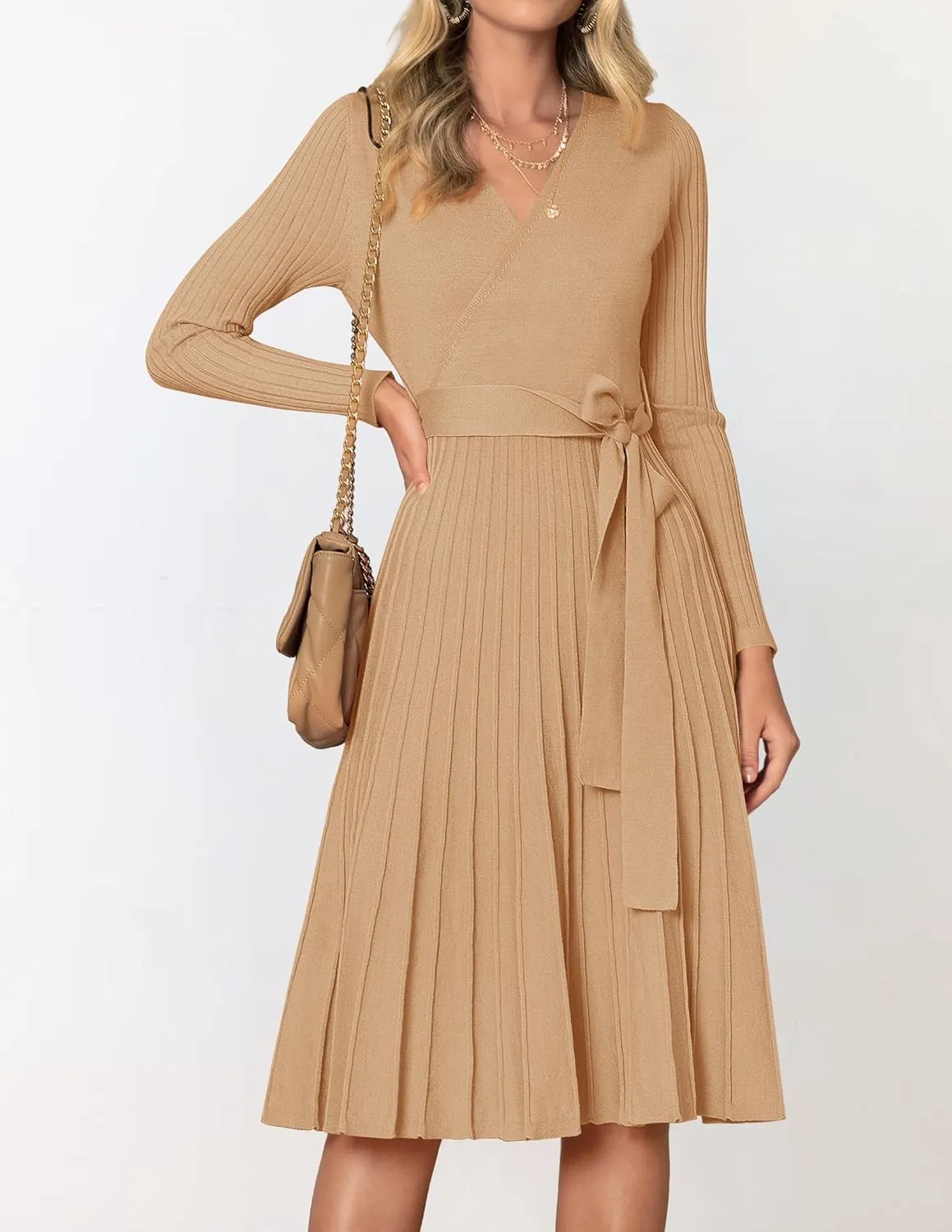 ZESICA Women's Fall Long Sleeve Wrap V Neck Ribbed Knit Pleated A Line Pullover Sweater Dress with Belt