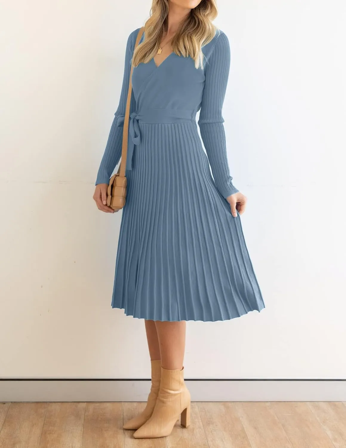 ZESICA Women's Fall Long Sleeve Wrap V Neck Ribbed Knit Pleated A Line Pullover Sweater Dress with Belt
