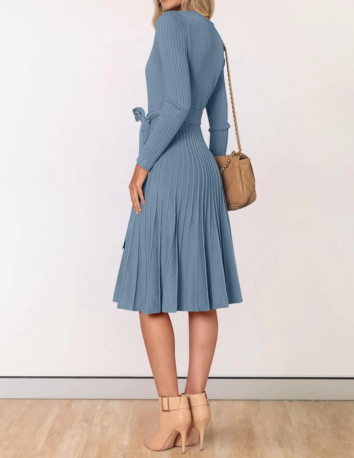 ZESICA Women's Fall Long Sleeve Wrap V Neck Ribbed Knit Pleated A Line Pullover Sweater Dress with Belt