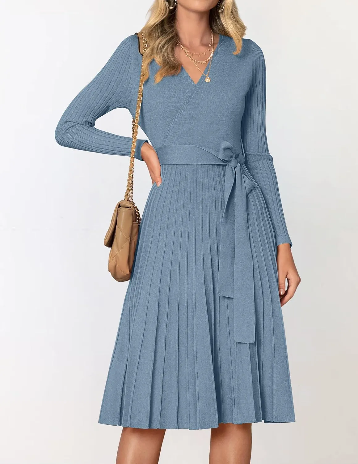 ZESICA Women's Fall Long Sleeve Wrap V Neck Ribbed Knit Pleated A Line Pullover Sweater Dress with Belt
