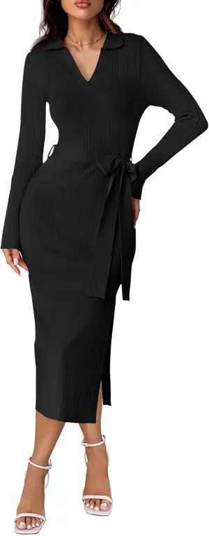 ZESICA Women's Spring Long Sleeve Sweater Dress Lapel V Neck Ribbed Knit Side Slit Bodycon Midi Dresses with Belt