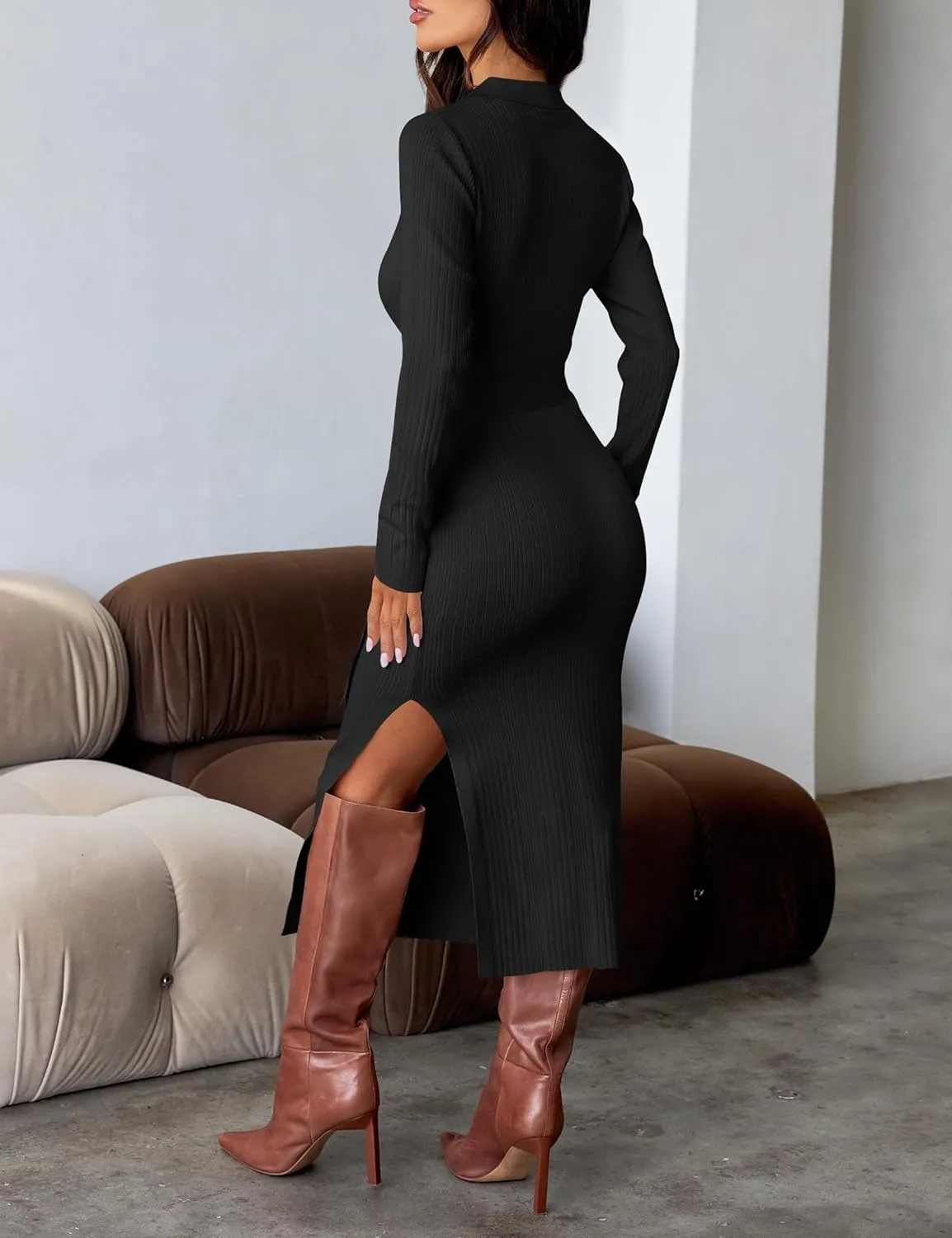 ZESICA Women's Spring Long Sleeve Sweater Dress Lapel V Neck Ribbed Knit Side Slit Bodycon Midi Dresses with Belt