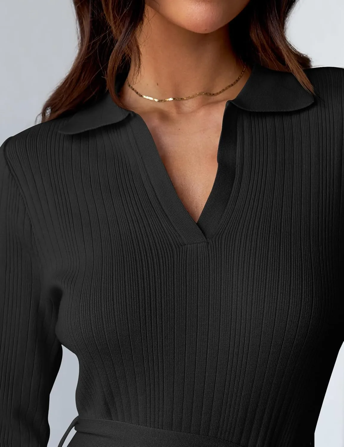 ZESICA Women's Spring Long Sleeve Sweater Dress Lapel V Neck Ribbed Knit Side Slit Bodycon Midi Dresses with Belt