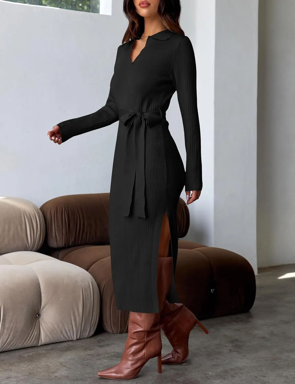 ZESICA Women's Spring Long Sleeve Sweater Dress Lapel V Neck Ribbed Knit Side Slit Bodycon Midi Dresses with Belt