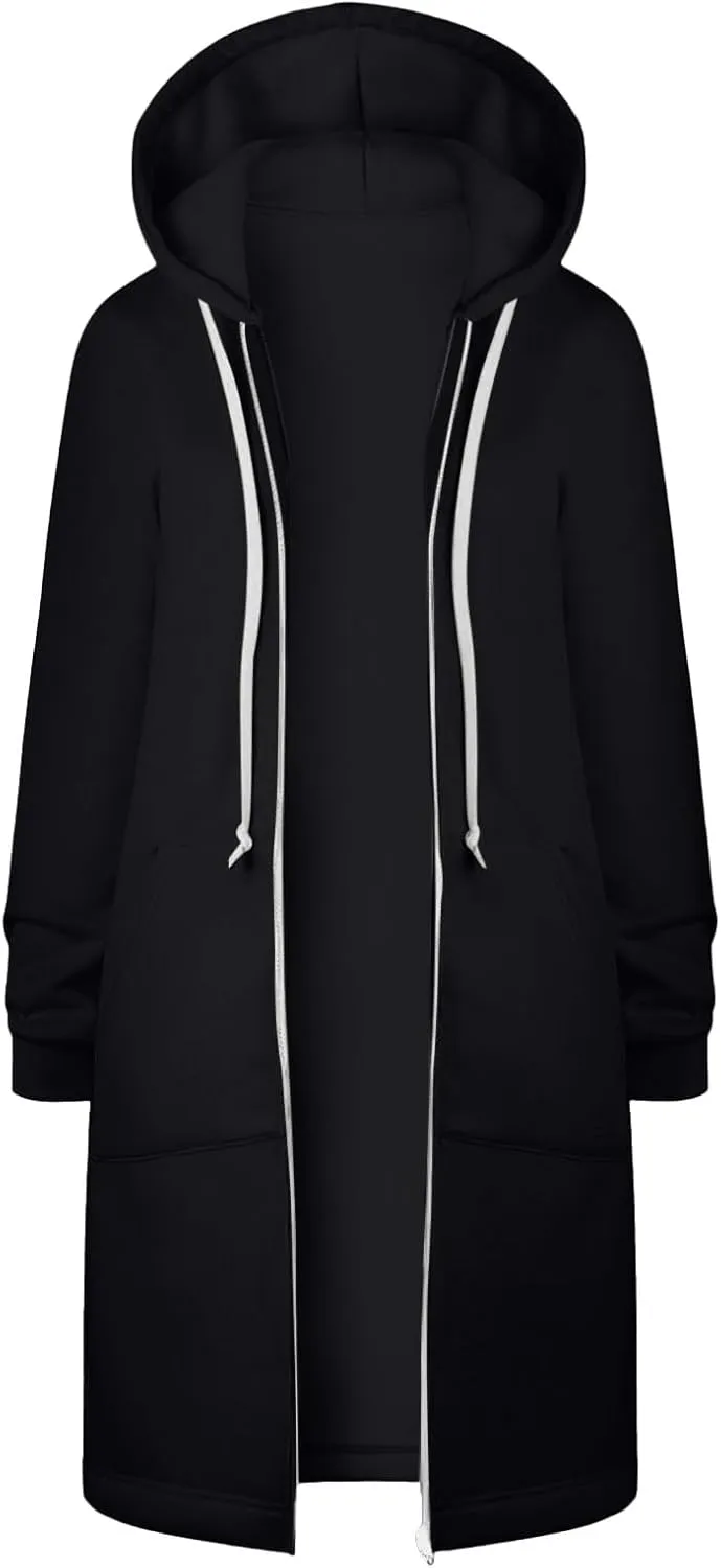 Zip Up Long Hoodies Womens Fleece Long Sleeve Oversized Jacket Fall Lightweight Tunic Hooded Sweatshirt with Pockets