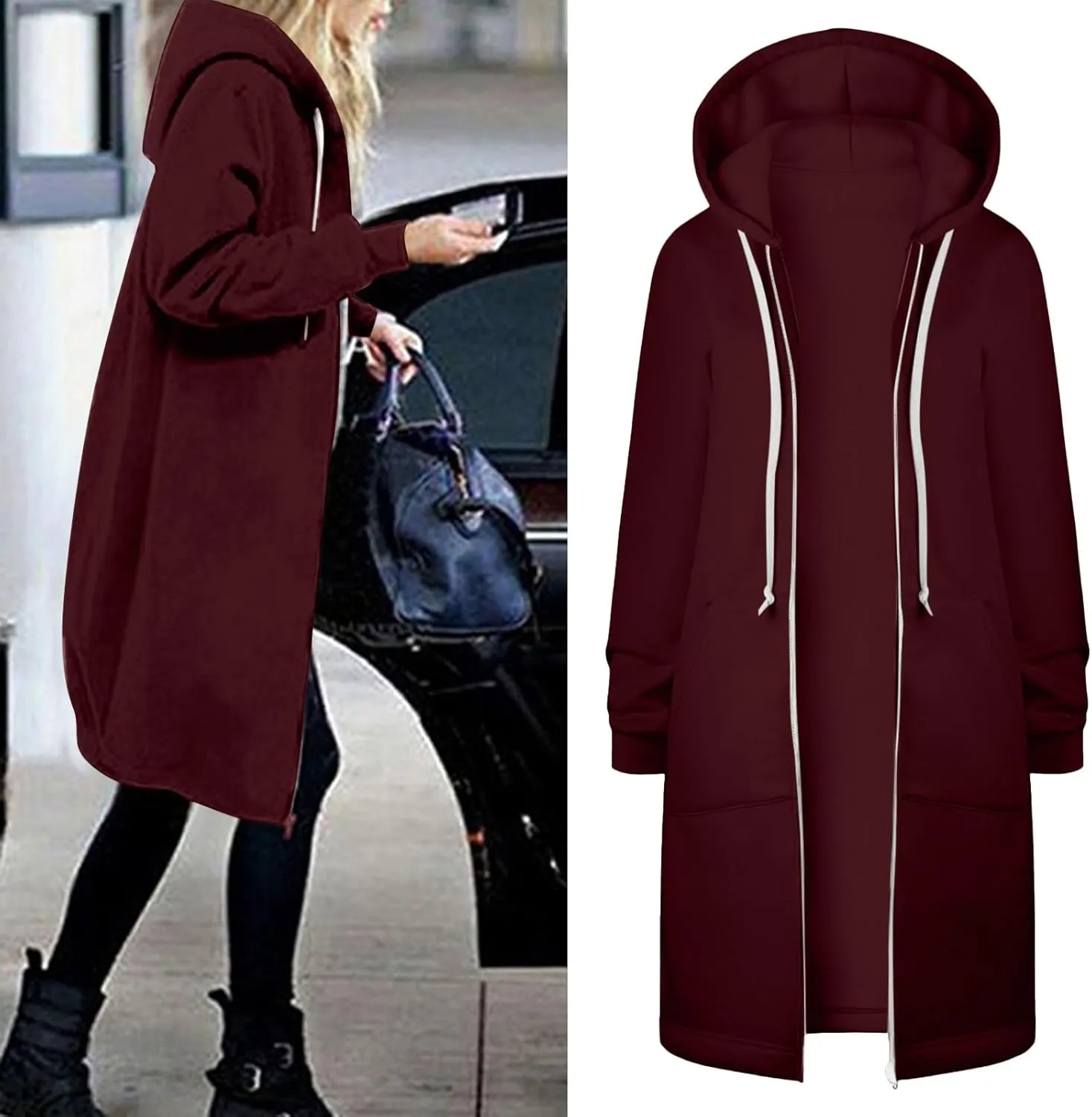 Zip Up Long Hoodies Womens Fleece Long Sleeve Oversized Jacket Fall Lightweight Tunic Hooded Sweatshirt with Pockets