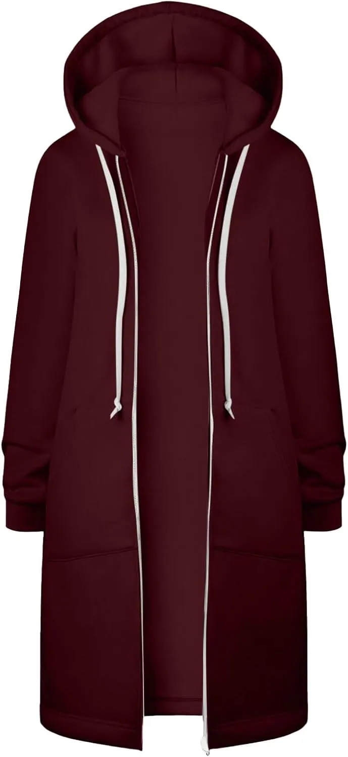 Zip Up Long Hoodies Womens Fleece Long Sleeve Oversized Jacket Fall Lightweight Tunic Hooded Sweatshirt with Pockets