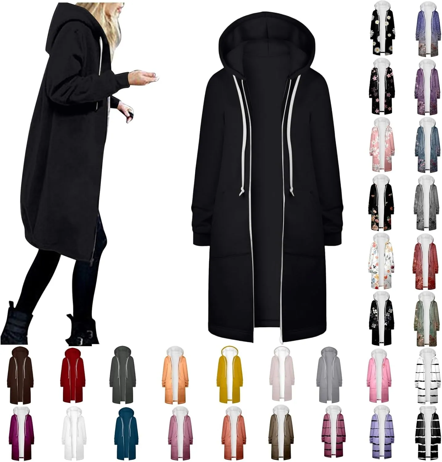 Zip Up Long Hoodies Womens Fleece Long Sleeve Oversized Jacket Fall Lightweight Tunic Hooded Sweatshirt with Pockets