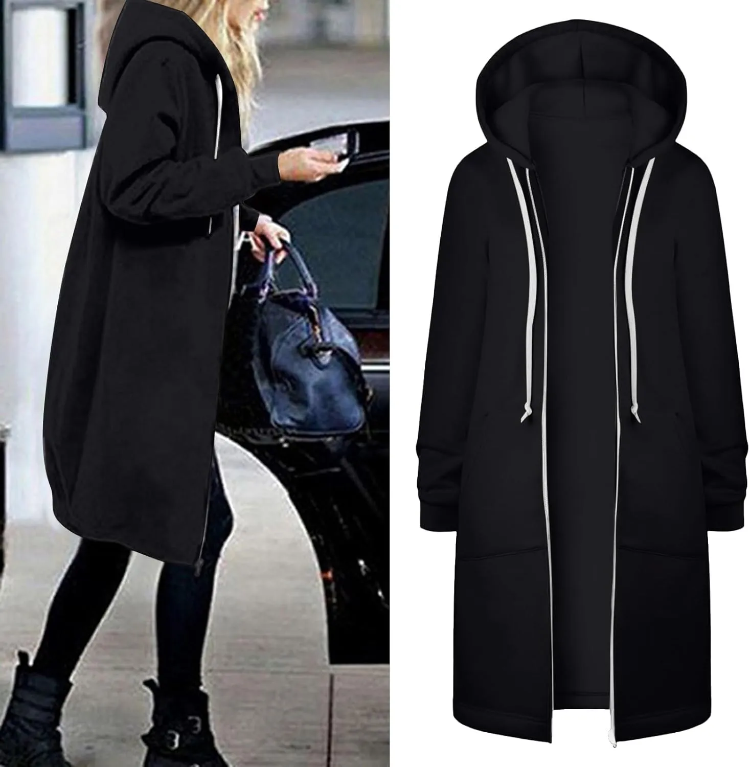 Zip Up Long Hoodies Womens Fleece Long Sleeve Oversized Jacket Fall Lightweight Tunic Hooded Sweatshirt with Pockets