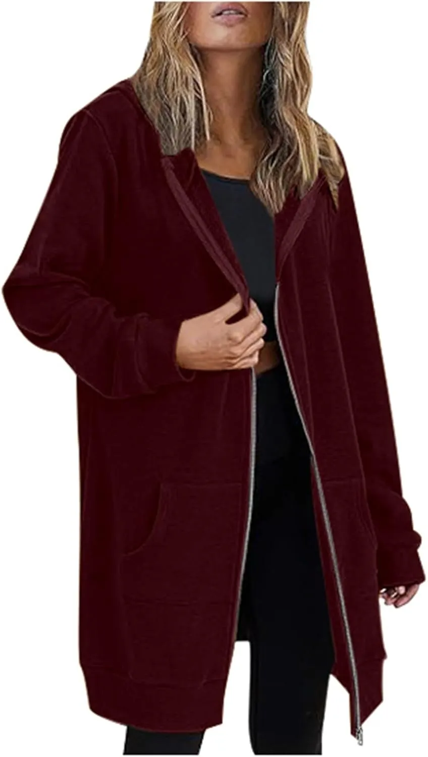 Zip Up Long Hoodies Womens Fleece Long Sleeve Oversized Jacket Fall Lightweight Tunic Hooded Sweatshirt with Pockets