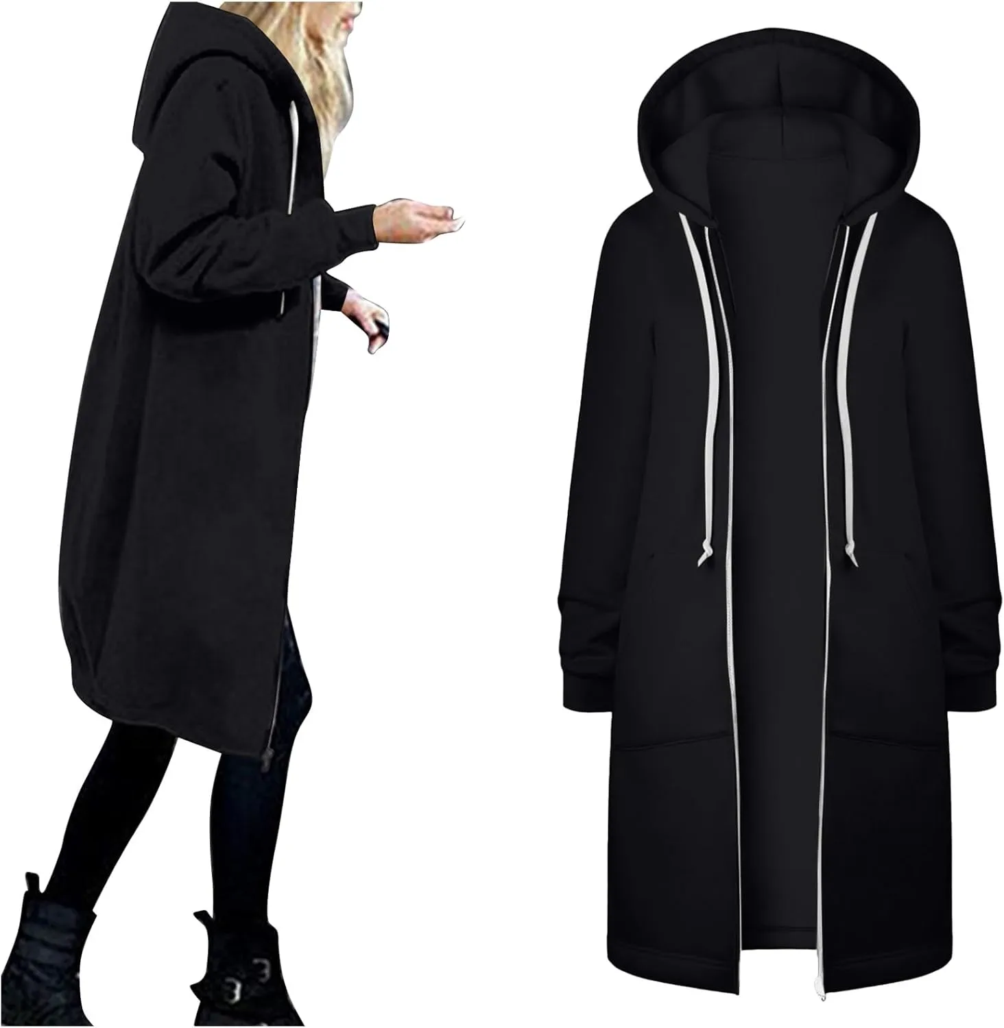 Zip Up Long Hoodies Womens Fleece Long Sleeve Oversized Jacket Fall Lightweight Tunic Hooded Sweatshirt with Pockets