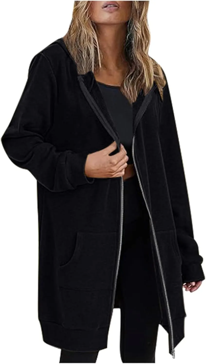 Zip Up Long Hoodies Womens Fleece Long Sleeve Oversized Jacket Fall Lightweight Tunic Hooded Sweatshirt with Pockets