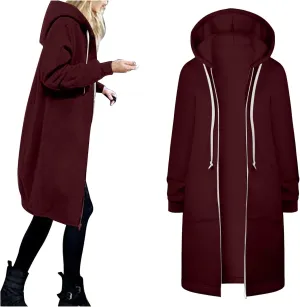 Zip Up Long Hoodies Womens Fleece Long Sleeve Oversized Jacket Fall Lightweight Tunic Hooded Sweatshirt with Pockets