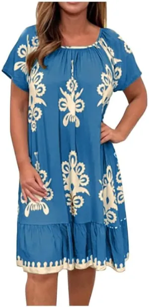 ZOCAVIA Ethnic Style Midi Dress for Women Summer Vintage Boho Floral Dresses Plus Size Crewneck Short Sleeve Mexican Sundress