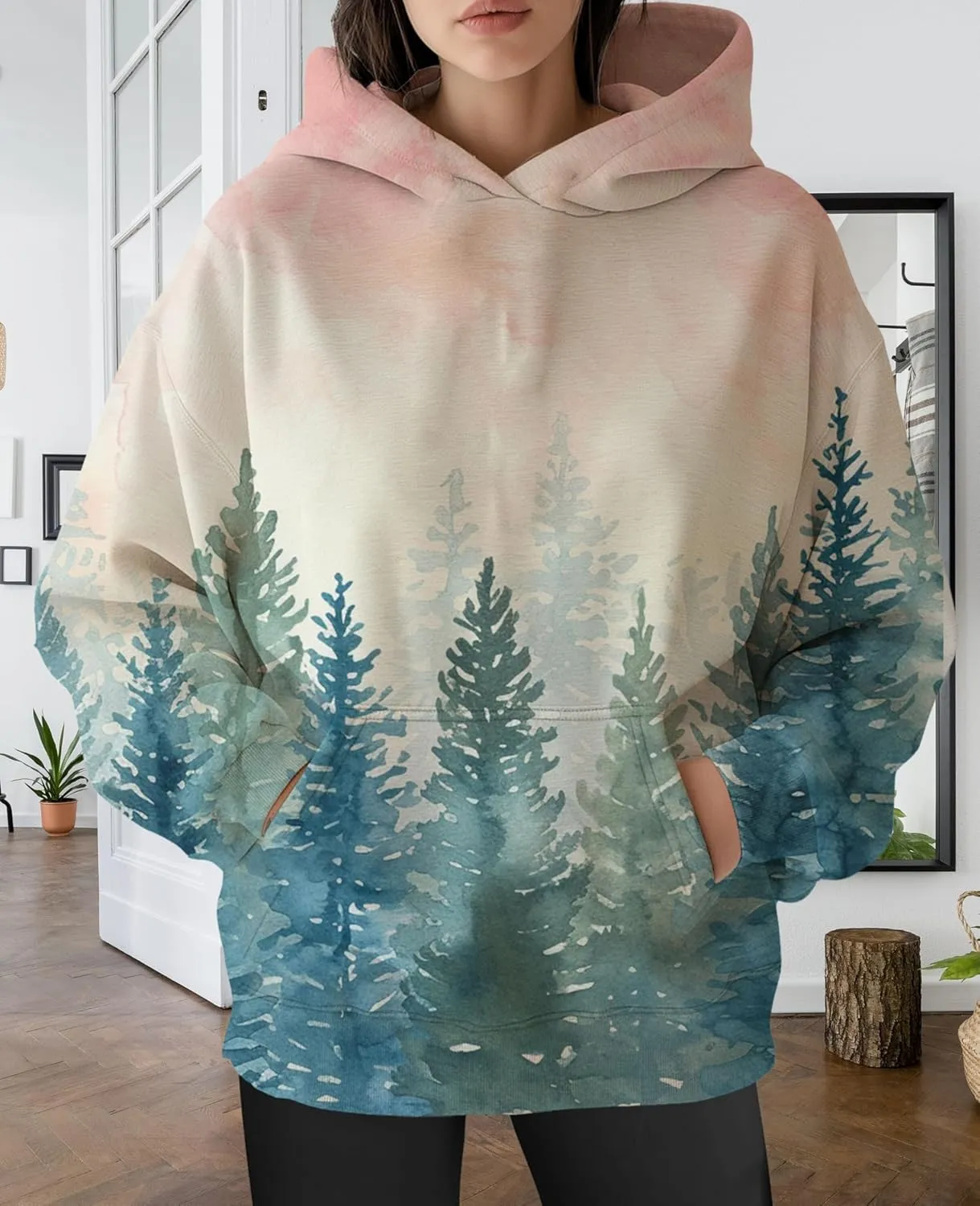 ZOCAVIA Womens Camo Hoodies Fall Winter Retro Long Sleeve Pullover Tops Casual Maple Leaf Graphic Hooded Sweatshirt Oversized
