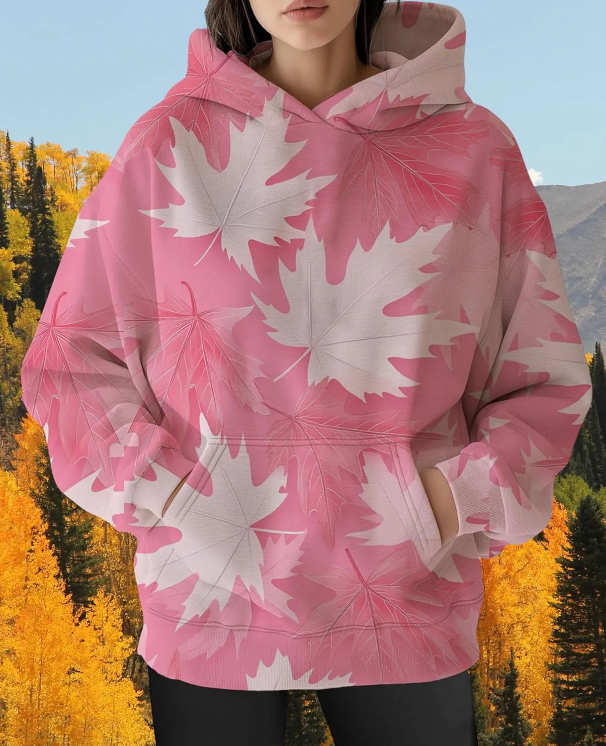 ZOCAVIA Womens Camo Hoodies Fall Winter Retro Long Sleeve Pullover Tops Casual Maple Leaf Graphic Hooded Sweatshirt Oversized